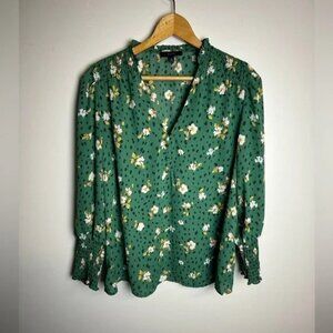 Eclair Floral Green Blouse Shiffon Puffed Sleeves Boho Cowgirl Size M chic